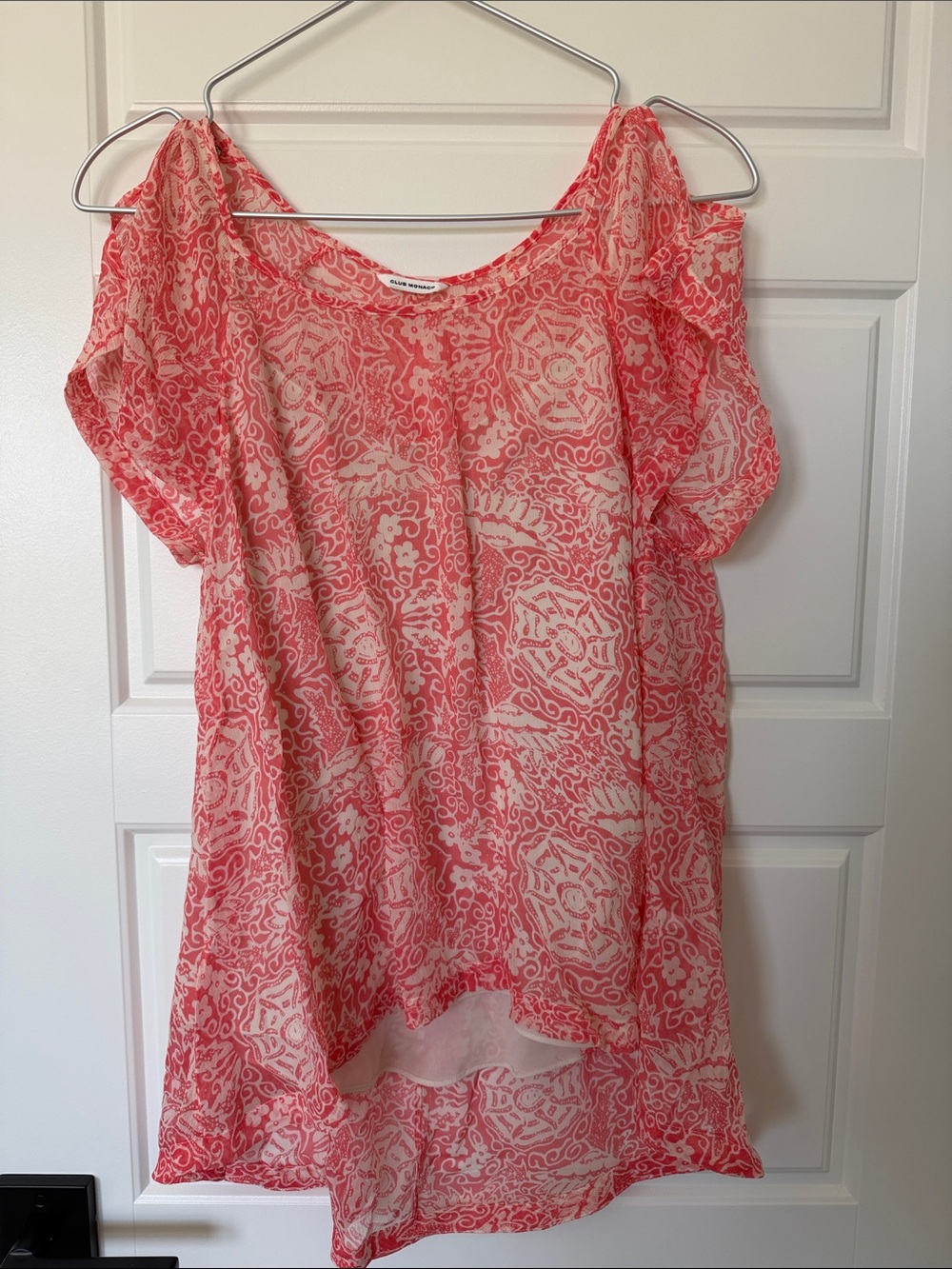 Club Monaco Silk Coral Patterned Cold-Shoulder Women's Top, S